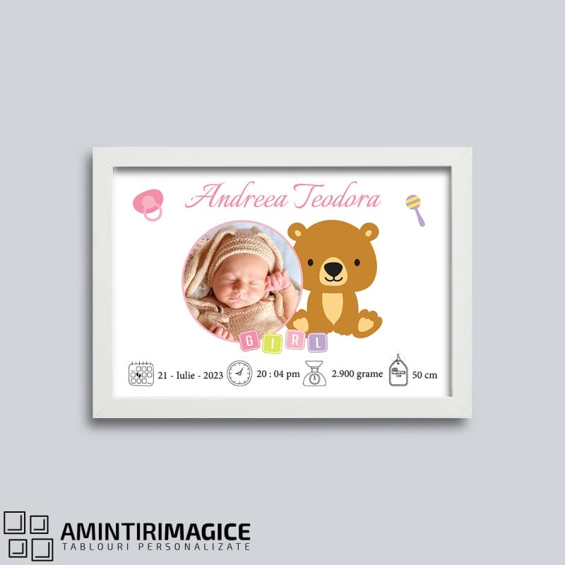 Tablou Personalizat Bebeluși cu Poză și Date - Baby Bear
