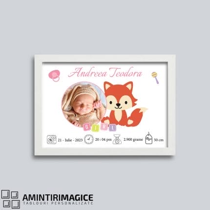 Tablou Personalizat Bebeluși cu Poză și Date - Baby Fox