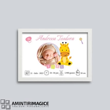 Tablou Personalizat Bebeluși cu Poză și Datele Nașterii - Baby Giraffe