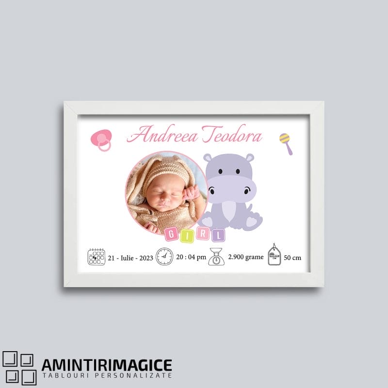 Tablou Personalizat Nou-Născuți cu Poză și Date - Baby Hippo