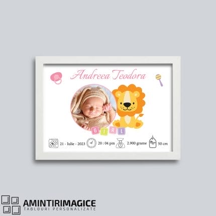 Tablou Personalizat Bebeluși cu Poză și Date - Baby Lion