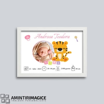Tablou Personalizat Bebeluși cu Poză și Date - Baby Tiger