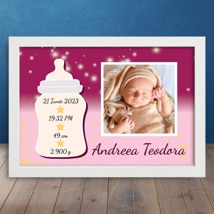 Cadou Personalizat Tablou Bebe cu Poză și Detalii Naștere