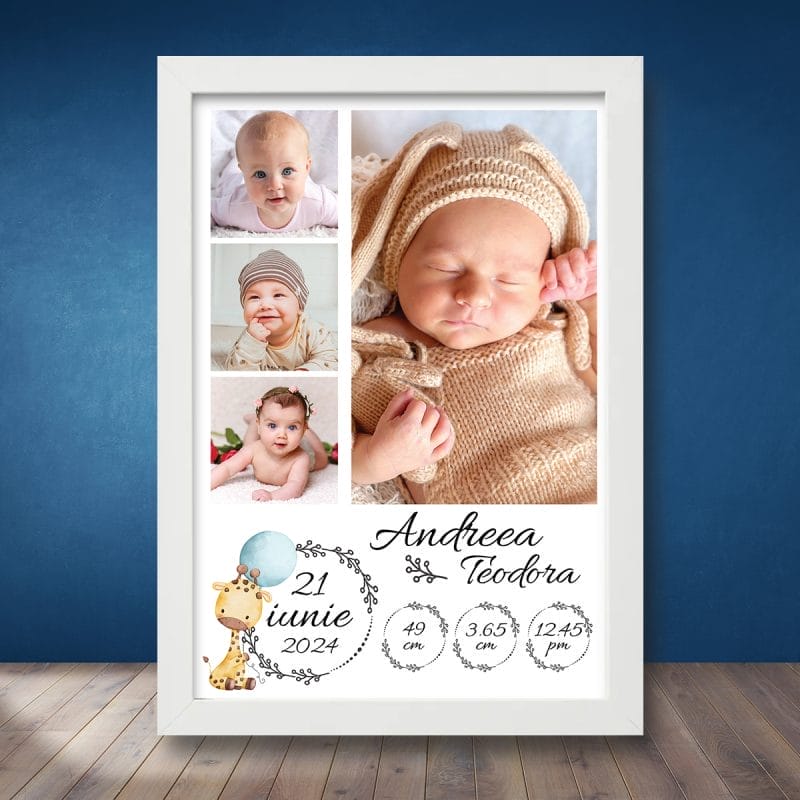 Cadou Personalizat Tablou Bebe 4 Poze și Datele Nașterii