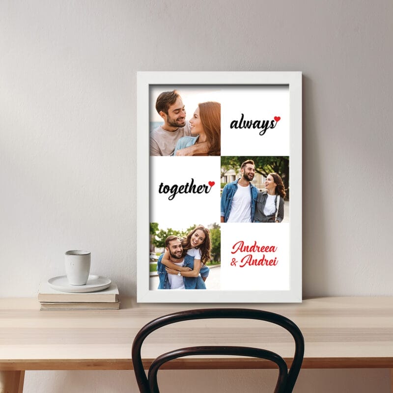 Tablou Personalizat Cuplu cu trei poze și nume - Always Together birou