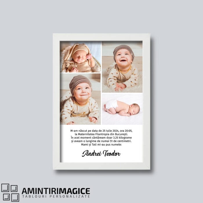 Tablou Personalizat Nou-Născuți cu Patru Poze și Text rama alba