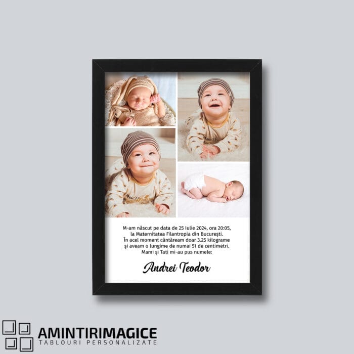 Tablou Personalizat Nou-Născuți cu Patru Poze și Text rama neagra