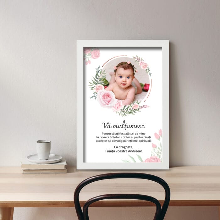 Tablou Personalizat pentru Nașii de Botez cu Mesaj și Fotografie pe birou
