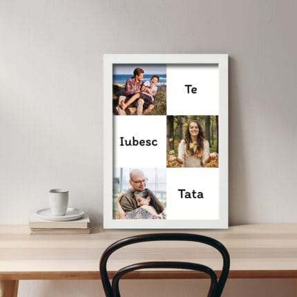 Tablou personalizat cu trei poze Te Iubesc Tata pe birou