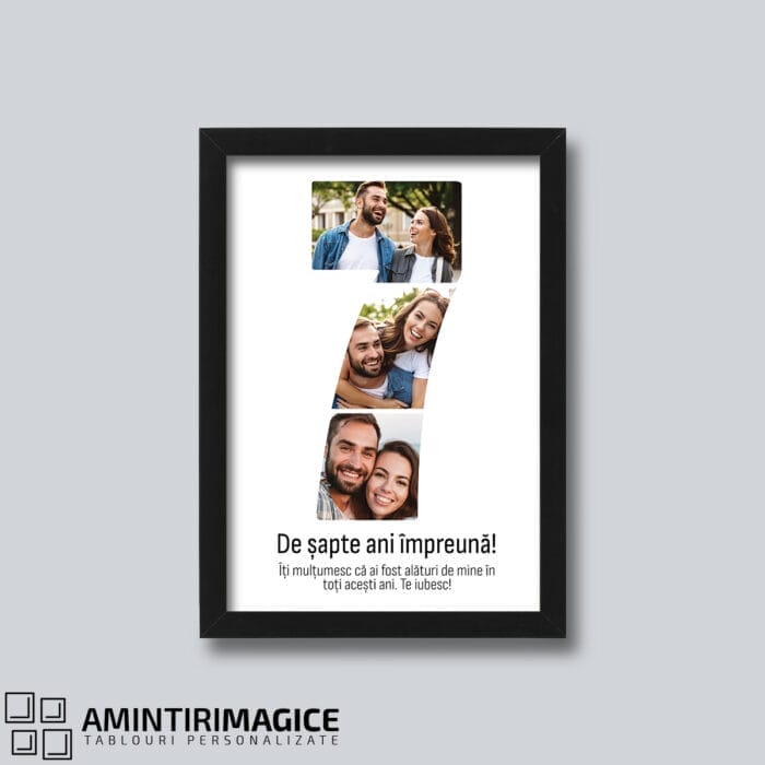 Tablou personalizat pentru aniversări cu mesaj și poze - Cifra 7 rama neagra