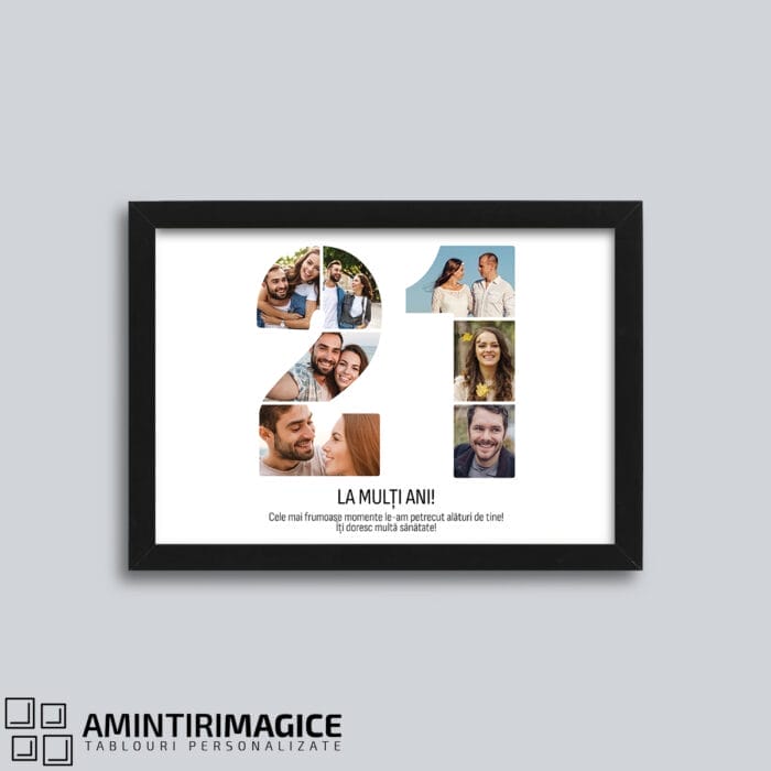Tablou personalizat Aniversări cu 7 poze - Numărul 21 rama neagra