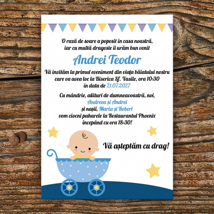 Invitație botez cu bebe albastru - IBB-11 - AmintiriMagice.ro