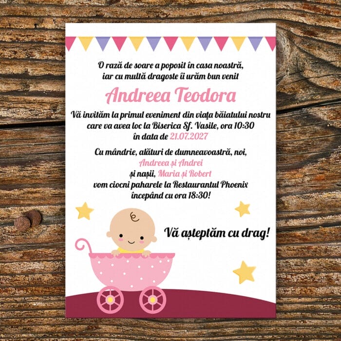 Invitație botez cu bebe roz - IBF-11 AmintiriMagice.ro