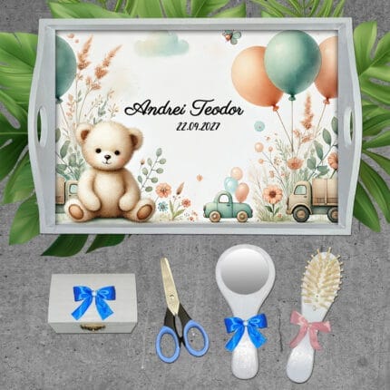 Tăviță Moț Personalizată cu Ursuleț - AMTM-01 - set alb - AmintiriMagice.ro