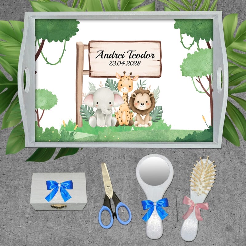 Tăviță moț sau turtă cu tematică junglă - AMTM-03 - set alb - amintirimagice.ro