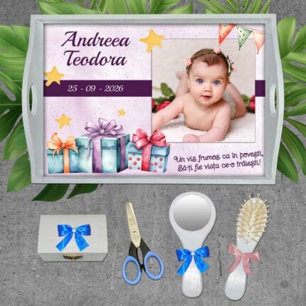 Tavă moț cu poză, nume, dată și mesaj - AMTM-06 - set alb - amintirimagice.ro