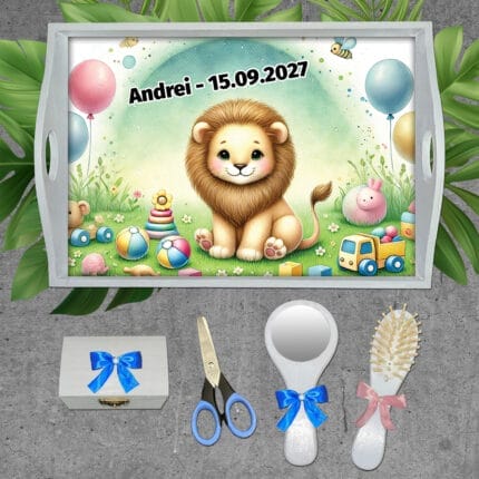 Tăviță pentru moț personalizată cu Leu - AMTM-08 - set alb - amintirimagice.ro