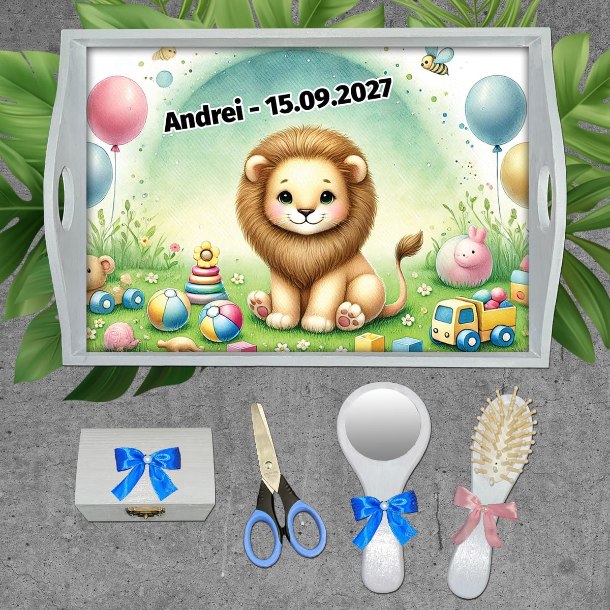 AMTM-08 set alb Tăviță pentru moț personalizată cu Leu - AMTM-08 - set alb - amintirimagice.ro