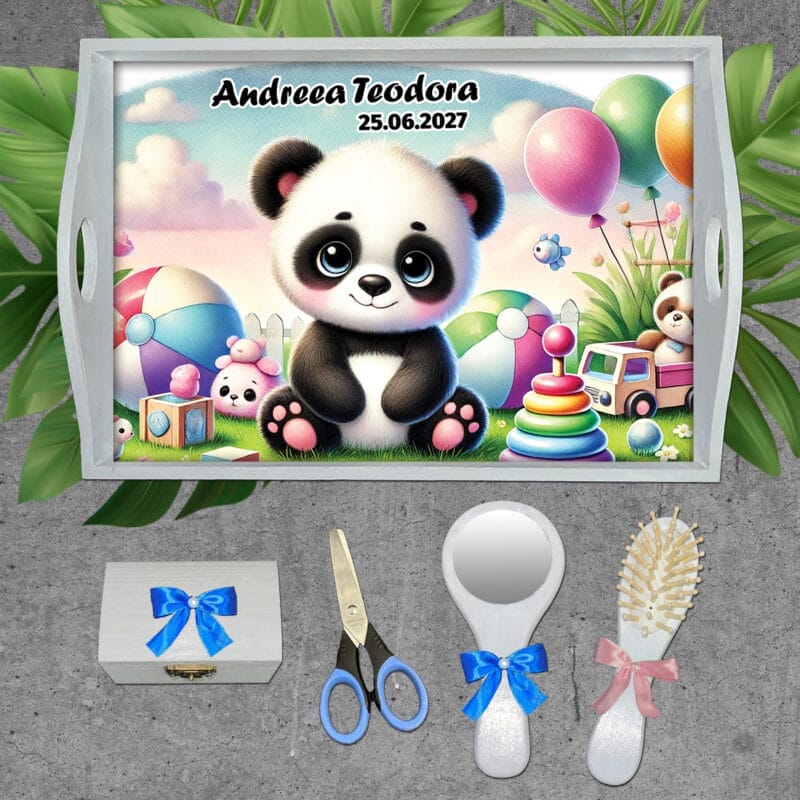 Tăviță pentru moț personalizată cu Ursuleț Panda - AMTM-11 - set alb -amintirimagice.ro