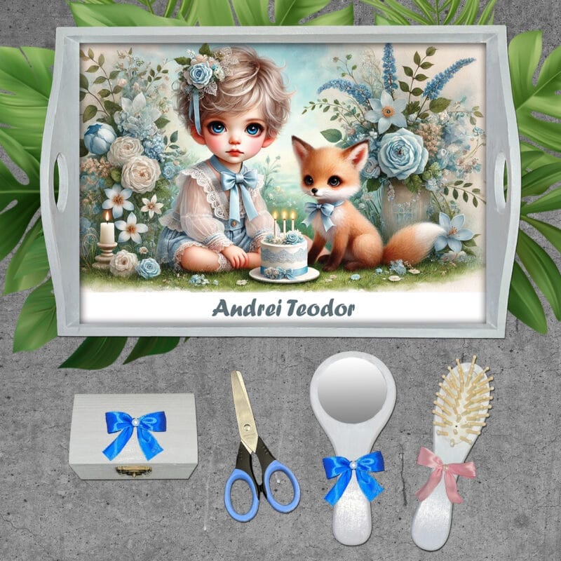 Tavă pentru tăiere moț personalizată cu nume - AMTM-13 - set alb - amintirimagice.ro