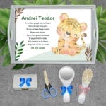 Tăviță moț personalizată cu nume, dată și Tigru - AMTM-14 - set alb - amintirimagice.ro