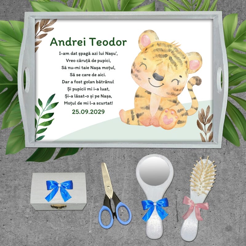 Tăviță moț personalizată cu nume, dată și Tigru - AMTM-14 - set alb - amintirimagice.ro