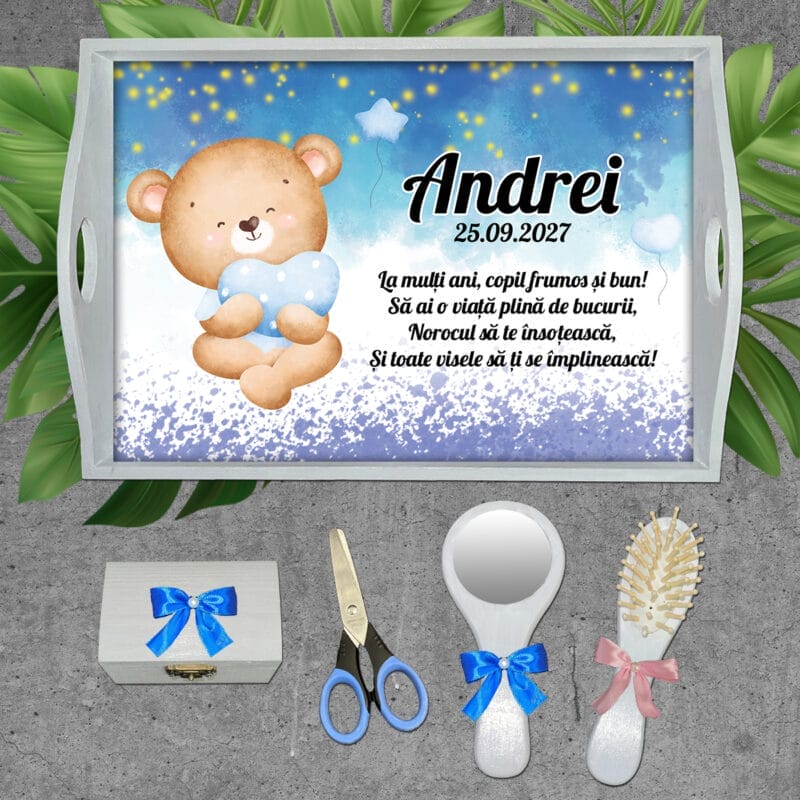 Tăviță personalizată moț băieți cu Ursuleț - AMTMB-02 - set alb - amintirimagice.ro