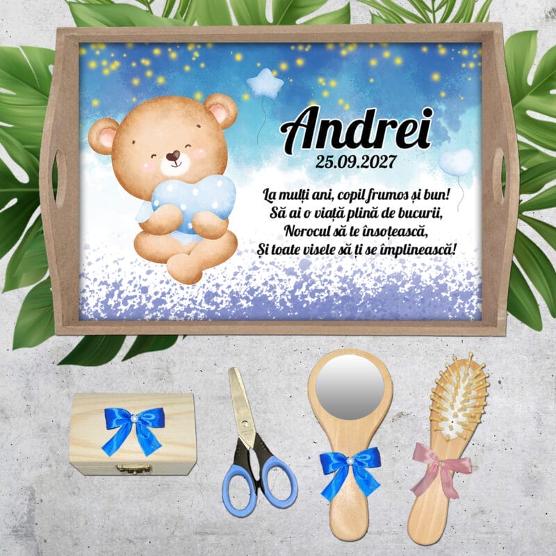 Tăviță personalizată moț băieți cu Ursuleț - AMTMB-02 - set natur - amintirimagice.ro