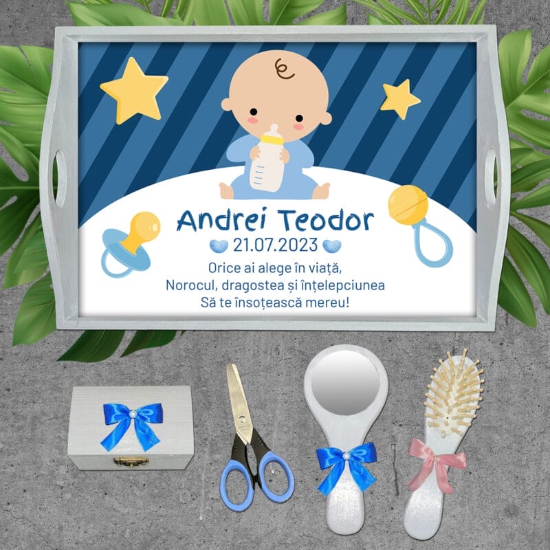Tavă moț băieți cu Bebe albastru - AMTMB-03 - set alb - amintirimagice.ro