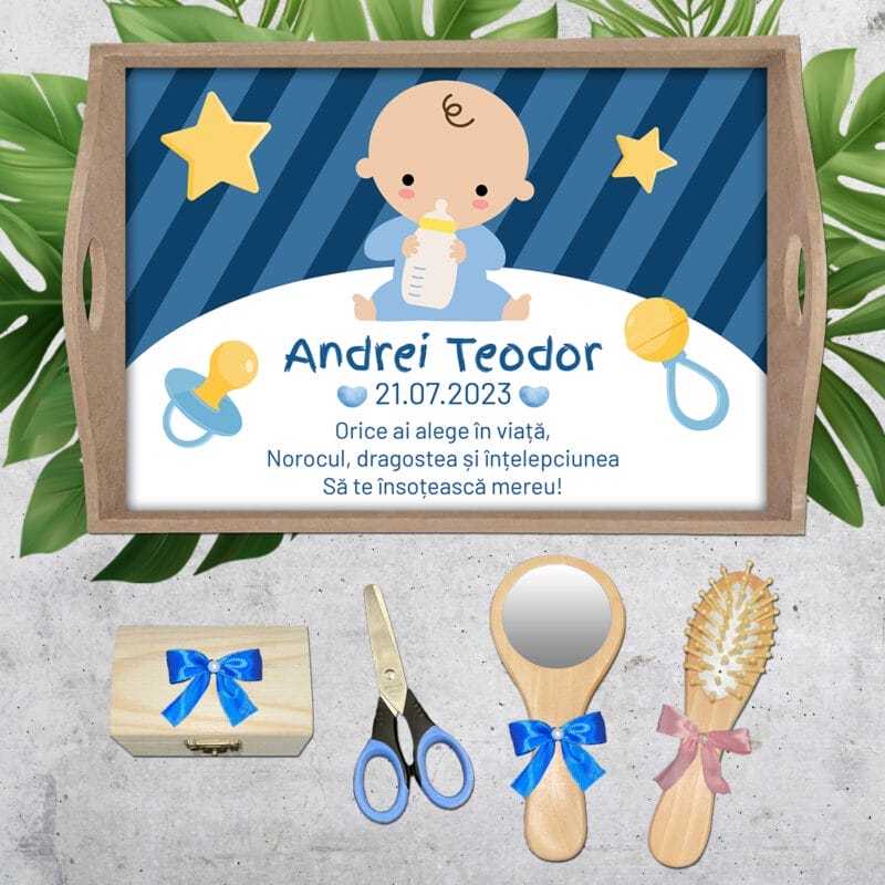Tavă moț băieți cu Bebe albastru - AMTMB-03 - set natur - amintirimagice.ro