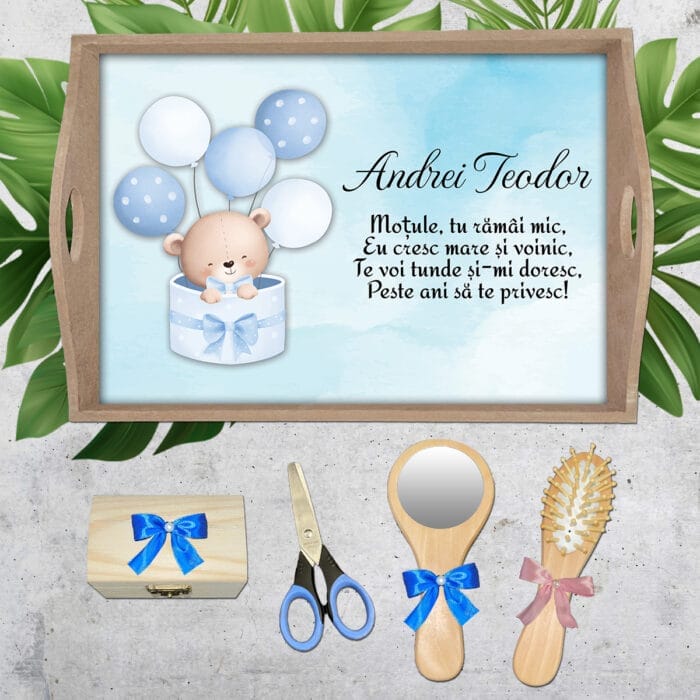 Tăviță pentru moț băieți cu Ursuleț și Baloane - AMTMB-04 - set natur - amintirimagice.ro