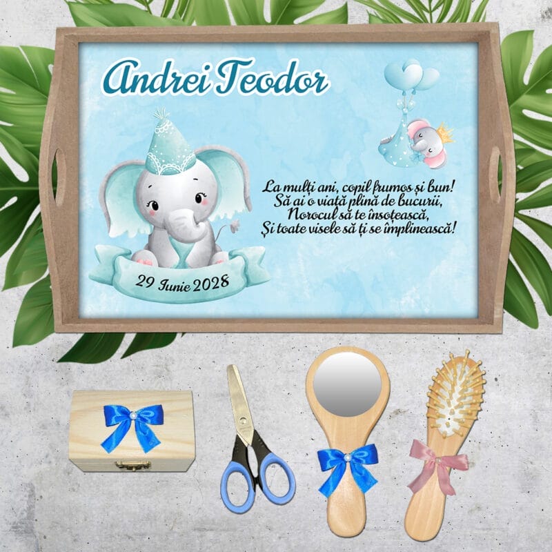 Tavă moț băieți personalizată cu Elefănțel - AMTMB-07 - set natur - amintirimagice.ro