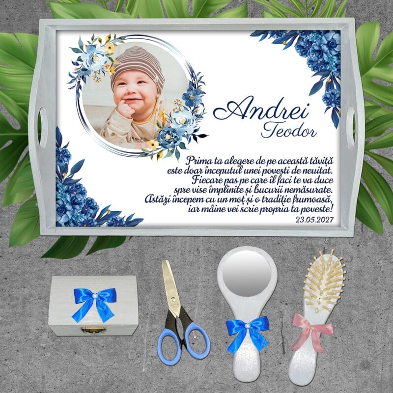 Tavă de moț pentru băieți cu Flori albastre și poză - AMTMB-08 - set alb - amintirimagice.ro