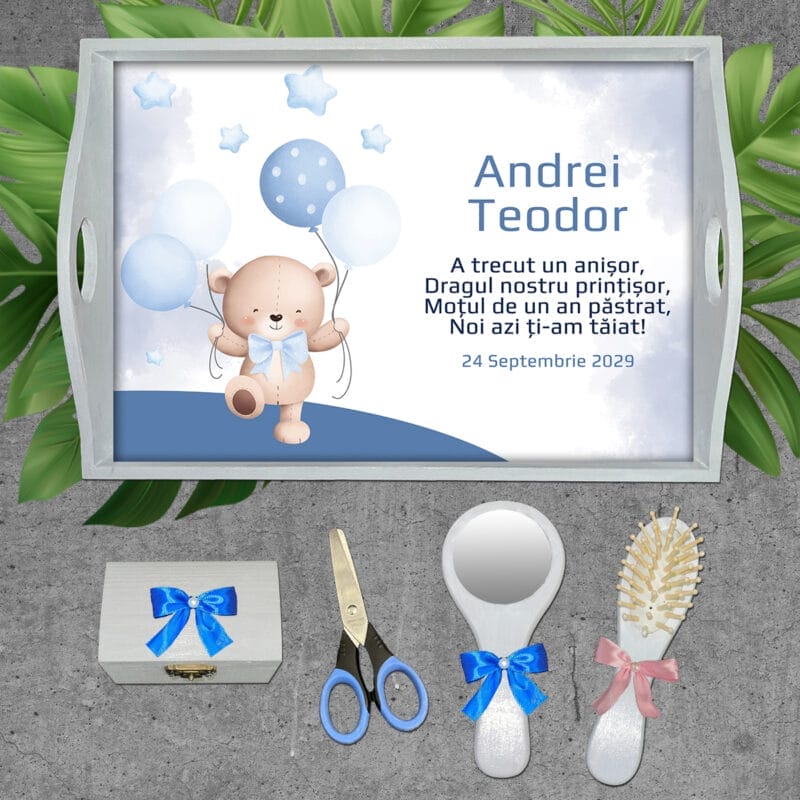 Taviță personalizată moț băiat - AMTMB-09 - set alb - amintirimagice.ro