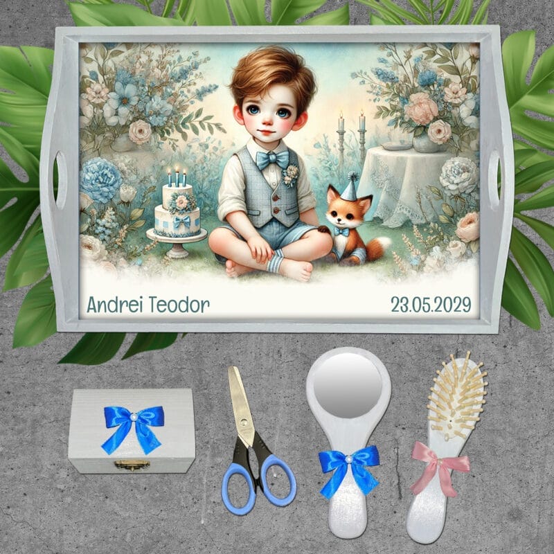 Tăviță pentru tăiere moț băieți personalizată - AMTMB-13 - set alb - amintirimagice.ro