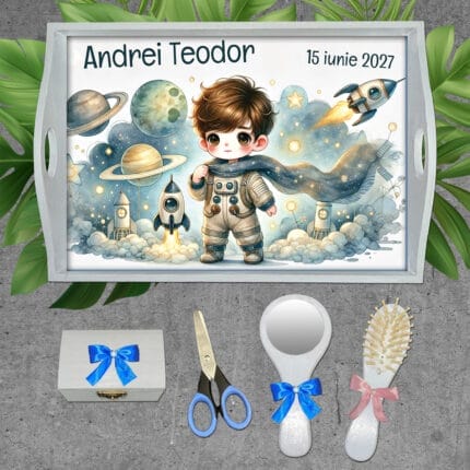 Tăviță moț băieți cu Astronaut - AMTMB-14 - set alb - amintirimagice.ro