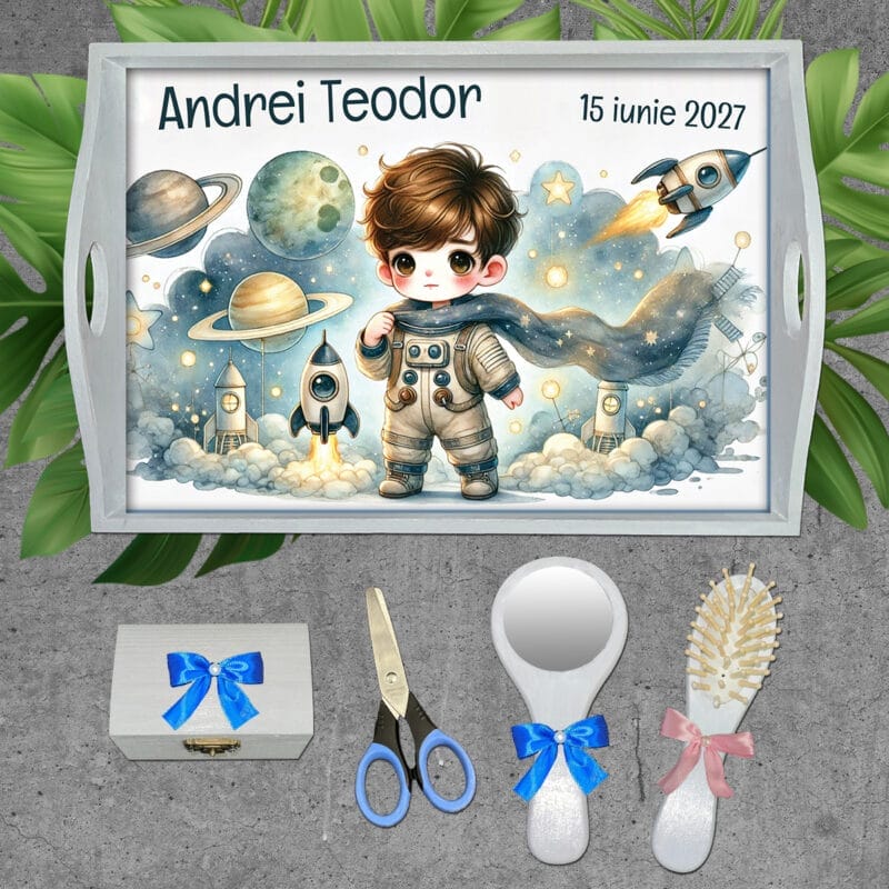 Tăviță moț băieți cu Astronaut - AMTMB-14 - set alb - amintirimagice.ro