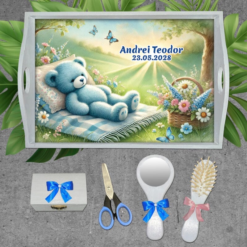 Tavă pentru moț cu desen Ursuleț adormit - AMTMB-18 - set alb - amintirimagice.ro