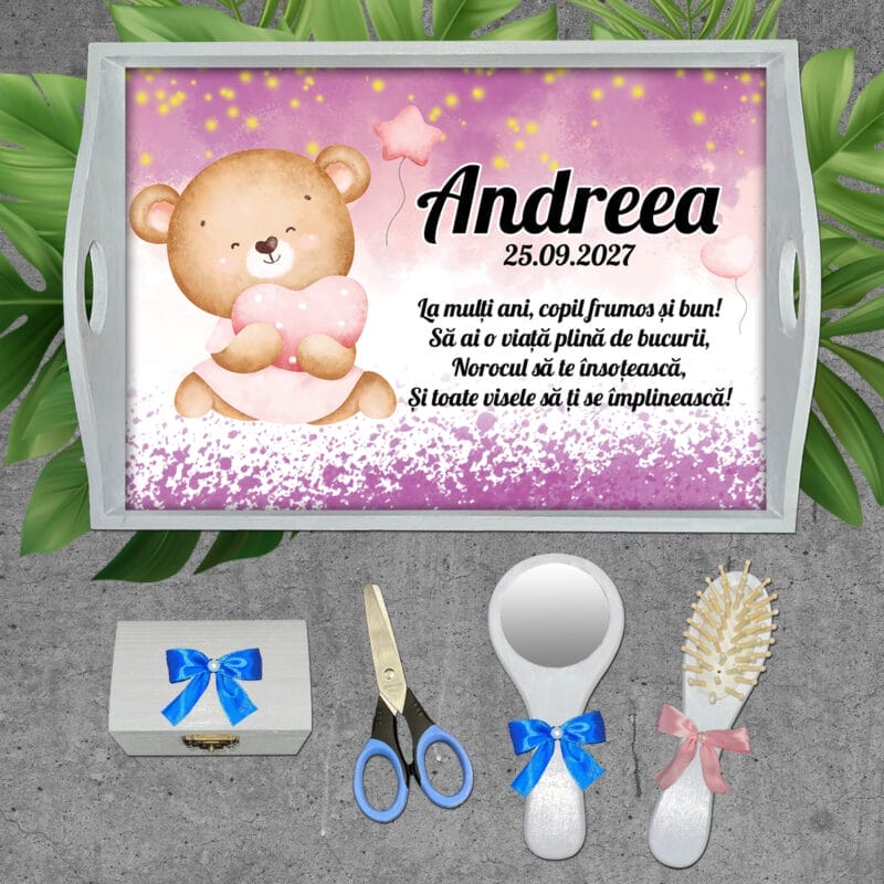 Tăviță turtă fete cu Nume, Dată și Ursuleț - AMTMF-02 - set alb - amintirimagice.ro