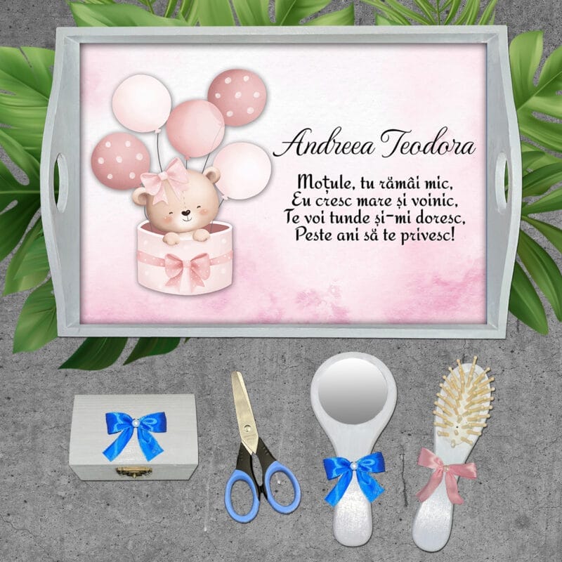 Tăviță personalizată moț fete cu Ursuleț și Baloane - AMTMF-04 - set alb - amintirimagice.ro