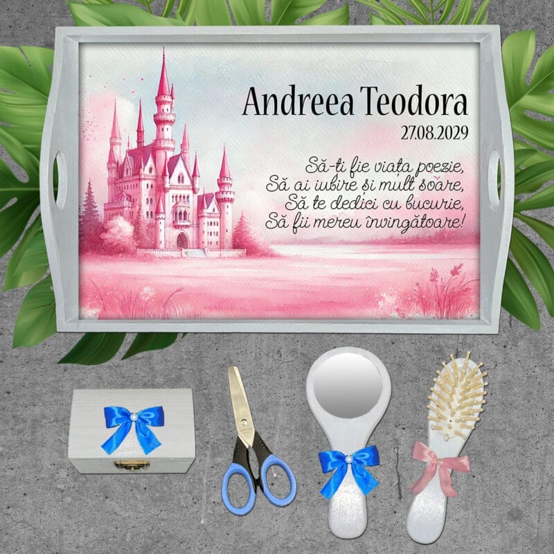 Tăviță moț fetițe cu Castel Roz - AMTMF-05 - set alb - amintirimagice.ro