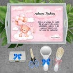 Tăviță turtă fete personalizată cu Ursuleț și Norișori- AMTMF-06 - set alb - amintirimagice.ro