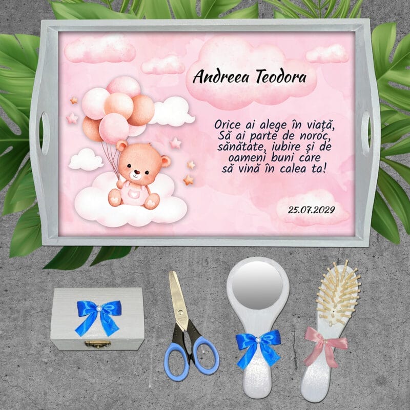 Tăviță turtă fete personalizată cu Ursuleț și Norișori- AMTMF-06 - set alb - amintirimagice.ro