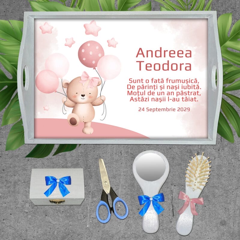 Tavă pentru moț fete personalizată - AMTMF-09 - set alb - amintirimagice.ro