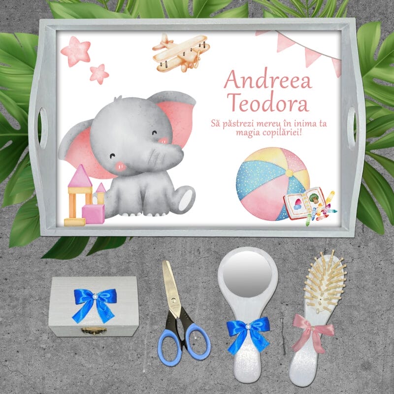 Tăviță turtă personalizată cu Elefănțel - AMTMF-10 - set alb - amintirimagice.ro