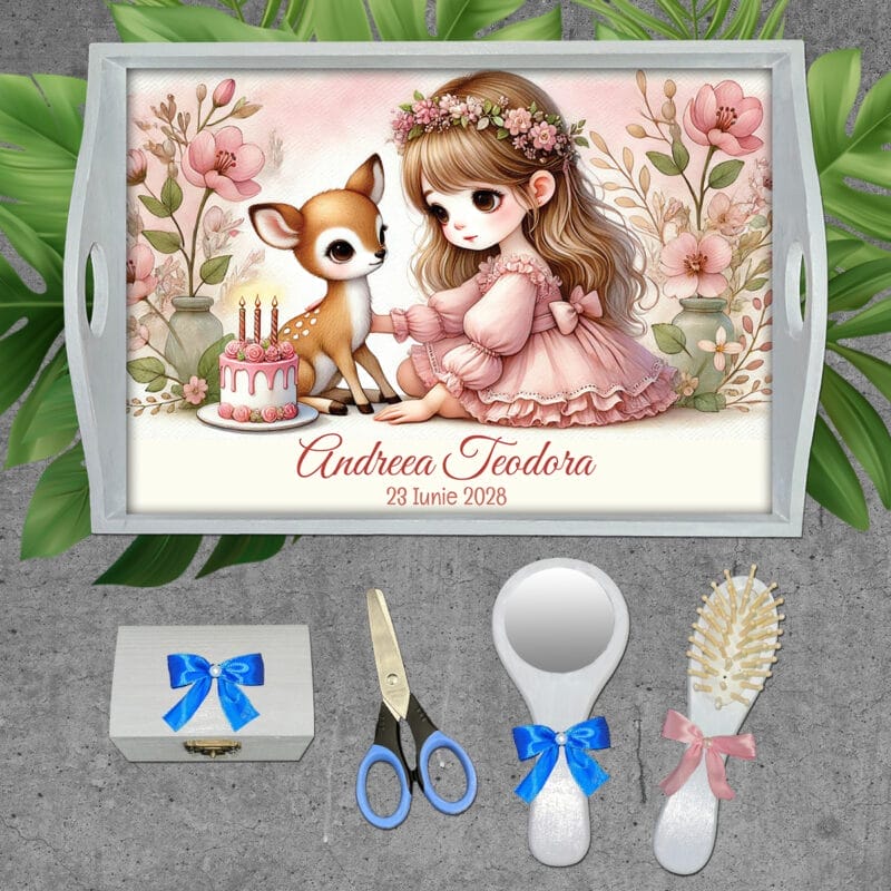 Tavă moț cu Fetiță și Căprioară - AMTMF-14 - set alb - amintirimagice.ro