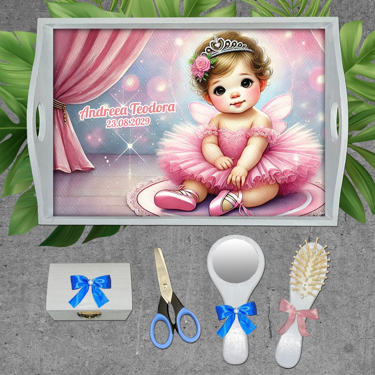 AMTMF-16 set alb Tăviță moț fete cu Balerină - AMTMF-16 - set alb - amintirimagice.ro