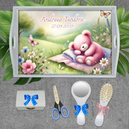 Tăviță ceremonie turtă fete cu Ursuleț Somnoros - AMTMF-18 - set alb - amintirimagice.ro