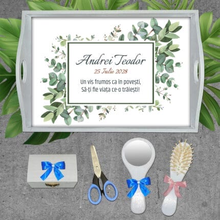 Tăviță moț/turtă personalizată cu nume, dată și mesaj - AMTM-18 - set alb - amintirimagice.ro