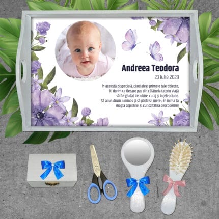 Tăviță moț cu poză, flori și fluturași - AMTM-19 - set alb - amintirimagice.ro